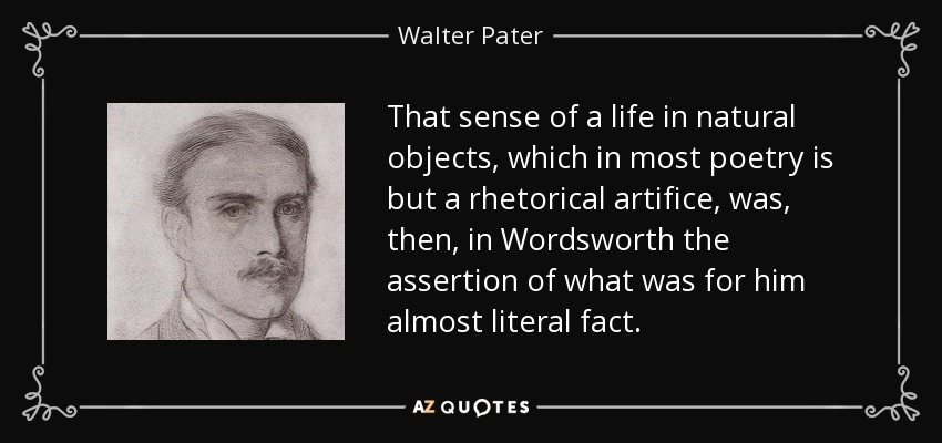 That sense of a life in natural objects, which in most poetry is but a rhetorical artifice, was, then, in Wordsworth the assertion of what was for him almost literal fact. - Walter Pater