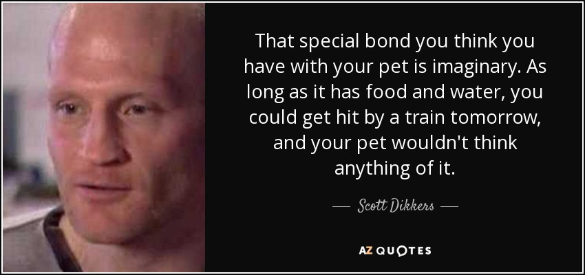 That special bond you think you have with your pet is imaginary. As long as it has food and water, you could get hit by a train tomorrow, and your pet wouldn't think anything of it. - Scott Dikkers
