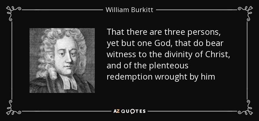 That there are three persons, yet but one God, that do bear witness to the divinity of Christ, and of the plenteous redemption wrought by him - William Burkitt