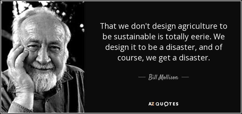 That we don't design agriculture to be sustainable is totally eerie. We design it to be a disaster, and of course, we get a disaster. - Bill Mollison