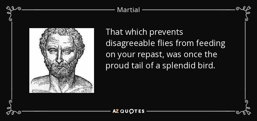 That which prevents disagreeable flies from feeding on your repast, was once the proud tail of a splendid bird. - Martial