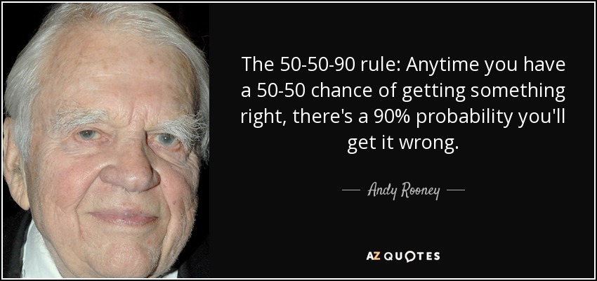 The 50-50-90 rule: Anytime you have a 50-50 chance of getting something right, there's a 90% probability you'll get it wrong. - Andy Rooney