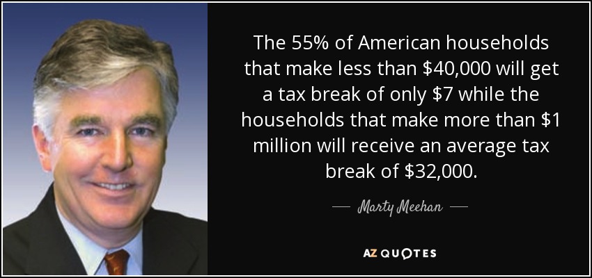 The 55% of American households that make less than $40,000 will get a tax break of only $7 while the households that make more than $1 million will receive an average tax break of $32,000. - Marty Meehan