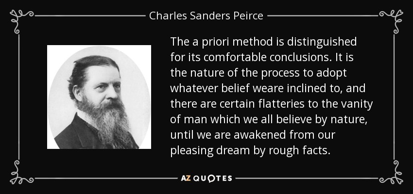 The a priori method is distinguished for its comfortable conclusions. It is the nature of the process to adopt whatever belief weare inclined to, and there are certain flatteries to the vanity of man which we all believe by nature, until we are awakened from our pleasing dream by rough facts. - Charles Sanders Peirce