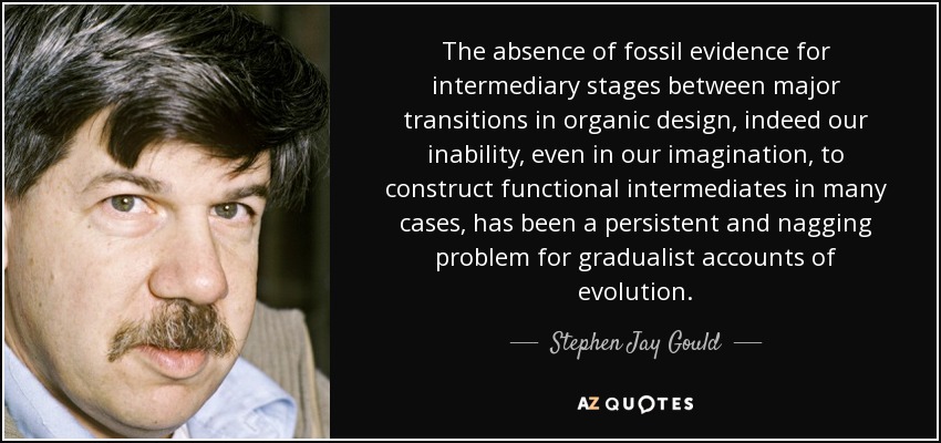The absence of fossil evidence for intermediary stages between major transitions in organic design, indeed our inability, even in our imagination, to construct functional intermediates in many cases, has been a persistent and nagging problem for gradualist accounts of evolution. - Stephen Jay Gould