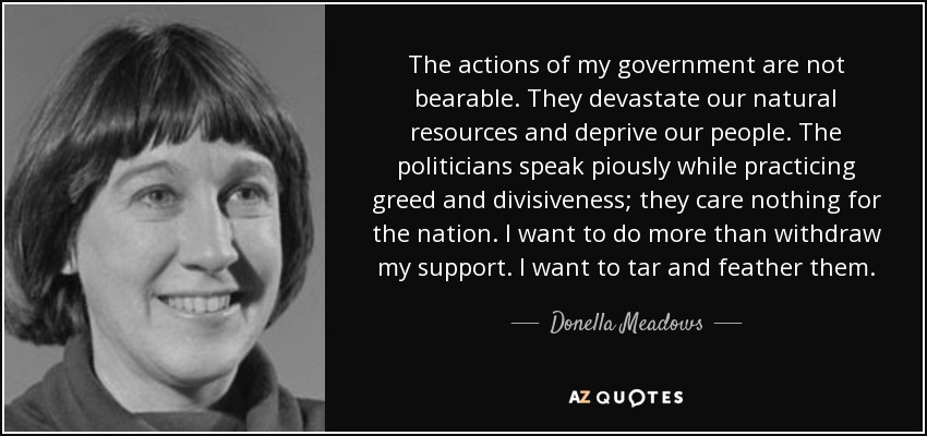 The actions of my government are not bearable. They devastate our natural resources and deprive our people. The politicians speak piously while practicing greed and divisiveness; they care nothing for the nation. I want to do more than withdraw my support. I want to tar and feather them. - Donella Meadows