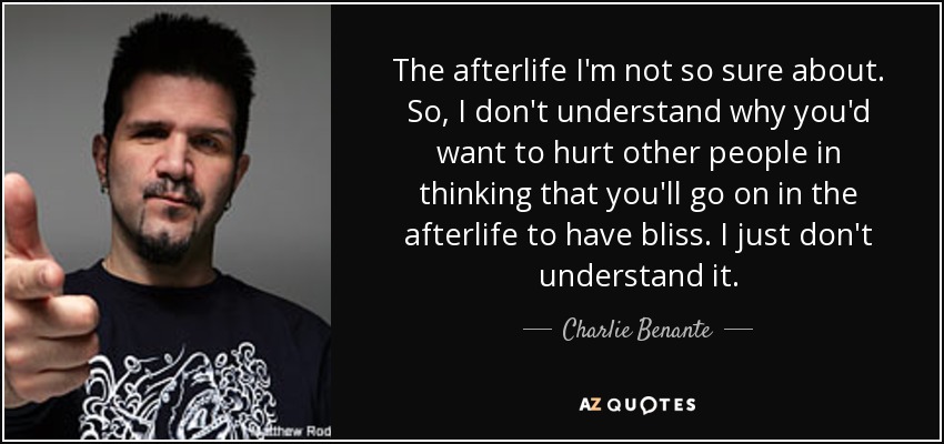 The afterlife I'm not so sure about. So, I don't understand why you'd want to hurt other people in thinking that you'll go on in the afterlife to have bliss. I just don't understand it. - Charlie Benante
