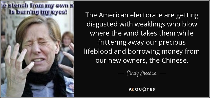 The American electorate are getting disgusted with weaklings who blow where the wind takes them while frittering away our precious lifeblood and borrowing money from our new owners, the Chinese. - Cindy Sheehan