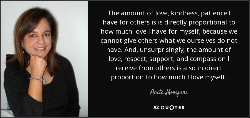 The amount of love, kindness, patience I have for others is is directly proportional to how much love I have for myself, because we cannot give others what we ourselves do not have. And, unsurprisingly, the amount of love, respect, support, and compassion I receive from others is also in direct proportion to how much I love myself. - Anita Moorjani