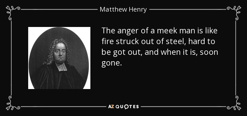 The anger of a meek man is like fire struck out of steel, hard to be got out, and when it is, soon gone. - Matthew Henry