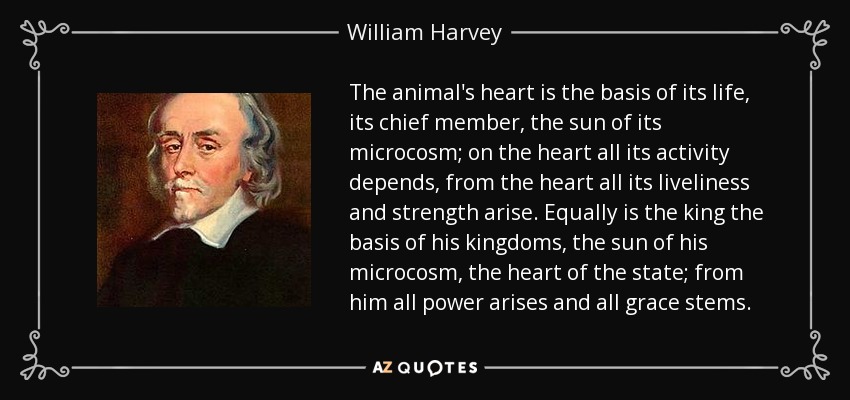 The animal's heart is the basis of its life, its chief member, the sun of its microcosm; on the heart all its activity depends, from the heart all its liveliness and strength arise. Equally is the king the basis of his kingdoms, the sun of his microcosm, the heart of the state; from him all power arises and all grace stems. - William Harvey
