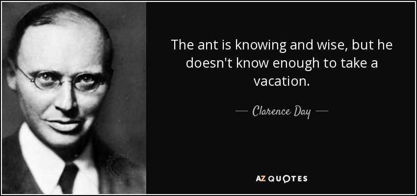 The ant is knowing and wise, but he doesn't know enough to take a vacation. - Clarence Day