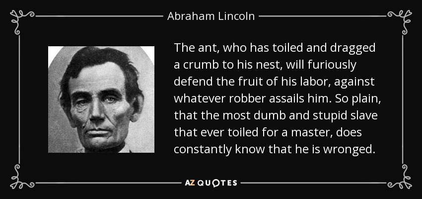 The ant, who has toiled and dragged a crumb to his nest, will furiously defend the fruit of his labor, against whatever robber assails him. So plain, that the most dumb and stupid slave that ever toiled for a master, does constantly know that he is wronged. - Abraham Lincoln