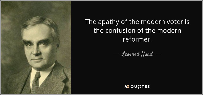 The apathy of the modern voter is the confusion of the modern reformer. - Learned Hand