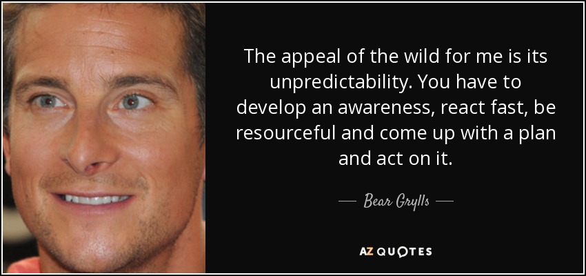 The appeal of the wild for me is its unpredictability. You have to develop an awareness, react fast, be resourceful and come up with a plan and act on it. - Bear Grylls