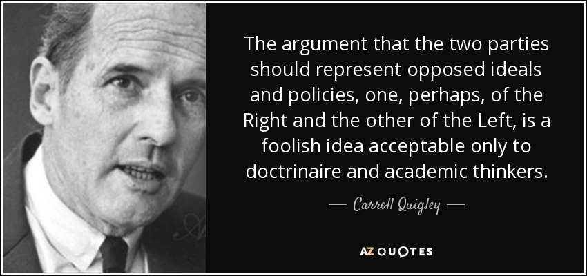 The argument that the two parties should represent opposed ideals and policies, one, perhaps, of the Right and the other of the Left, is a foolish idea acceptable only to doctrinaire and academic thinkers. - Carroll Quigley