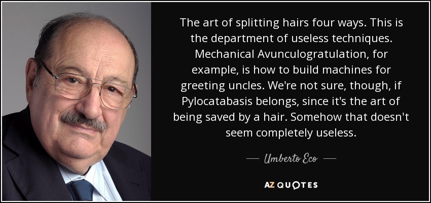 The art of splitting hairs four ways. This is the department of useless techniques. Mechanical Avunculogratulation, for example, is how to build machines for greeting uncles. We're not sure, though, if Pylocatabasis belongs, since it's the art of being saved by a hair. Somehow that doesn't seem completely useless. - Umberto Eco