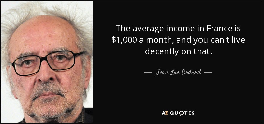 The average income in France is $1,000 a month, and you can't live decently on that. - Jean-Luc Godard