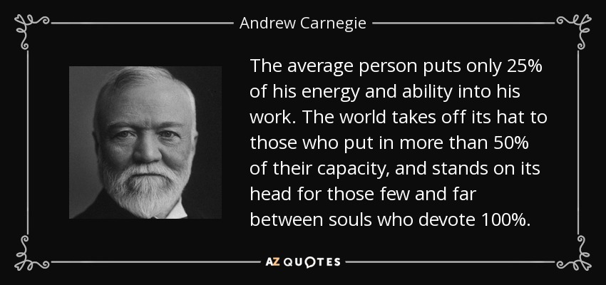 The average person puts only 25% of his energy and ability into his work. The world takes off its hat to those who put in more than 50% of their capacity, and stands on its head for those few and far between souls who devote 100%. - Andrew Carnegie