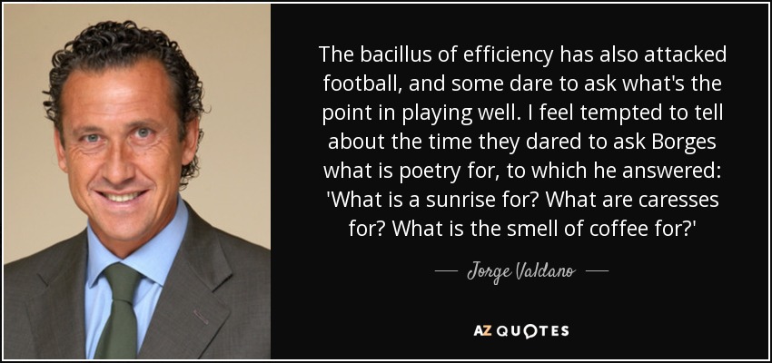 The bacillus of efficiency has also attacked football, and some dare to ask what's the point in playing well. I feel tempted to tell about the time they dared to ask Borges what is poetry for, to which he answered: 'What is a sunrise for? What are caresses for? What is the smell of coffee for?' - Jorge Valdano