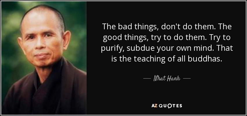 The bad things, don't do them. The good things, try to do them. Try to purify, subdue your own mind. That is the teaching of all buddhas. - Nhat Hanh