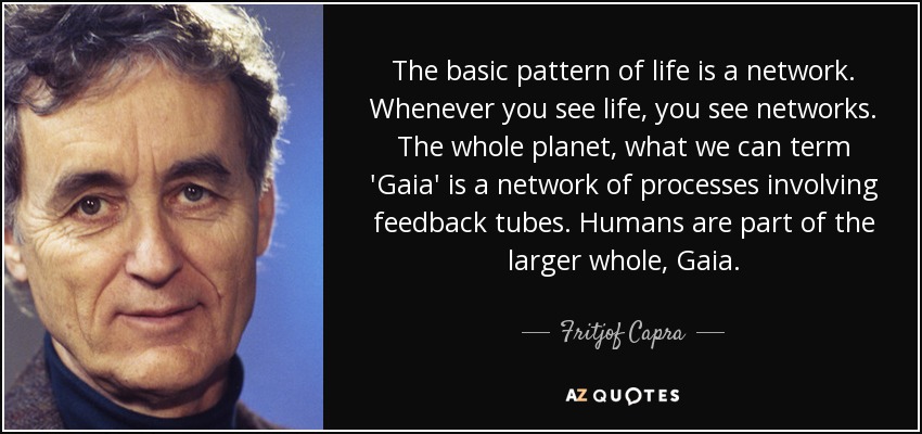 The basic pattern of life is a network. Whenever you see life, you see networks. The whole planet, what we can term 'Gaia' is a network of processes involving feedback tubes. Humans are part of the larger whole, Gaia. - Fritjof Capra