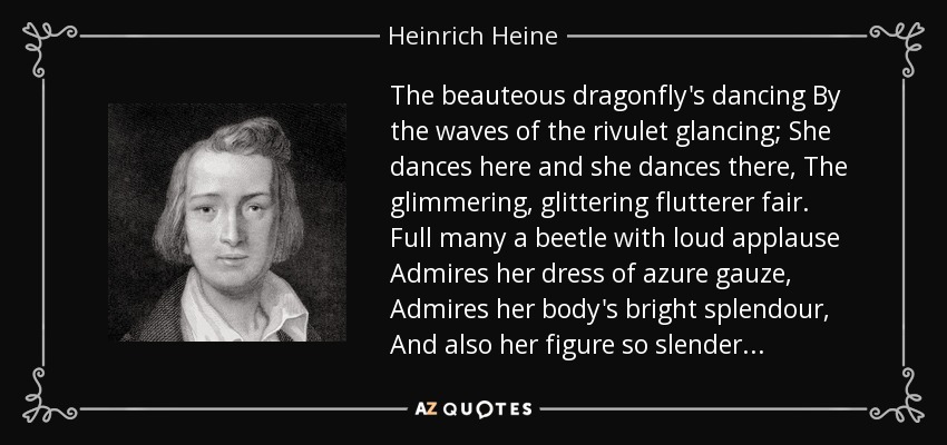 The beauteous dragonfly's dancing By the waves of the rivulet glancing; She dances here and she dances there, The glimmering, glittering flutterer fair. Full many a beetle with loud applause Admires her dress of azure gauze, Admires her body's bright splendour, And also her figure so slender... - Heinrich Heine