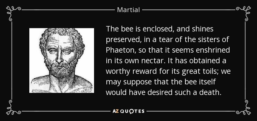 The bee is enclosed, and shines preserved, in a tear of the sisters of Phaeton, so that it seems enshrined in its own nectar. It has obtained a worthy reward for its great toils; we may suppose that the bee itself would have desired such a death. - Martial
