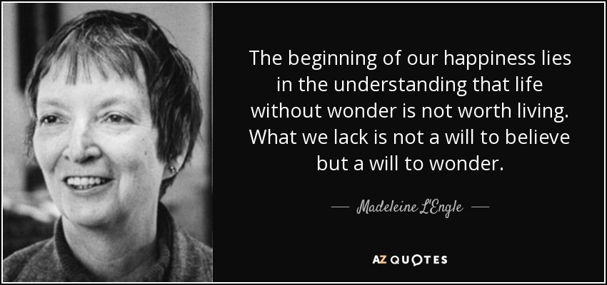 The beginning of our happiness lies in the understanding that life without wonder is not worth living. What we lack is not a will to believe but a will to wonder. - Madeleine L'Engle