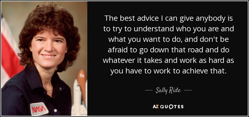 The best advice I can give anybody is to try to understand who you are and what you want to do, and don't be afraid to go down that road and do whatever it takes and work as hard as you have to work to achieve that. - Sally Ride
