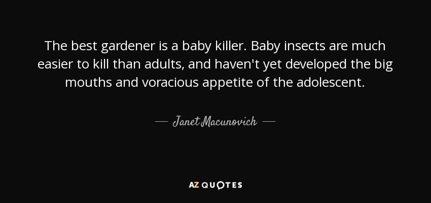 The best gardener is a baby killer. Baby insects are much easier to kill than adults, and haven't yet developed the big mouths and voracious appetite of the adolescent. - Janet Macunovich