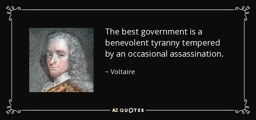 The best government is a benevolent tyranny tempered by an occasional assassination. - Voltaire