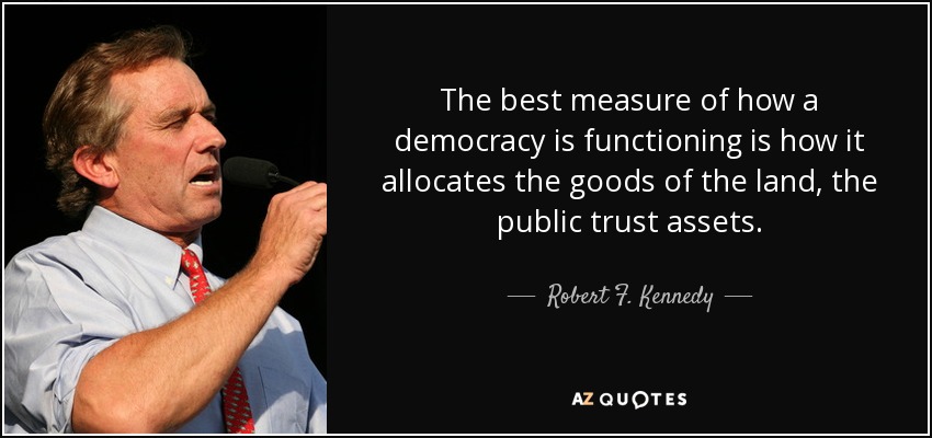 The best measure of how a democracy is functioning is how it allocates the goods of the land, the public trust assets. - Robert F. Kennedy, Jr.