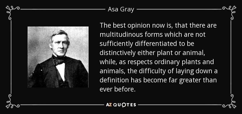 The best opinion now is, that there are multitudinous forms which are not sufficiently differentiated to be distinctively either plant or animal, while, as respects ordinary plants and animals, the difficulty of laying down a definition has become far greater than ever before. - Asa Gray