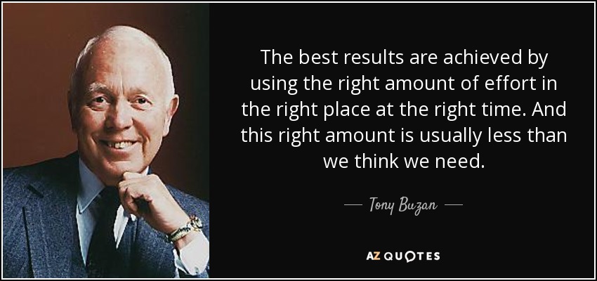 The best results are achieved by using the right amount of effort in the right place at the right time. And this right amount is usually less than we think we need. - Tony Buzan