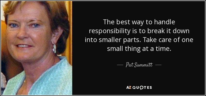 The best way to handle responsibility is to break it down into smaller parts. Take care of one small thing at a time. - Pat Summitt