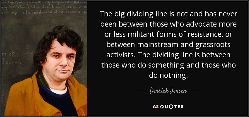The big dividing line is not and has never been between those who advocate more or less militant forms of resistance, or between mainstream and grassroots activists. The dividing line is between those who do something and those who do nothing. - Derrick Jensen