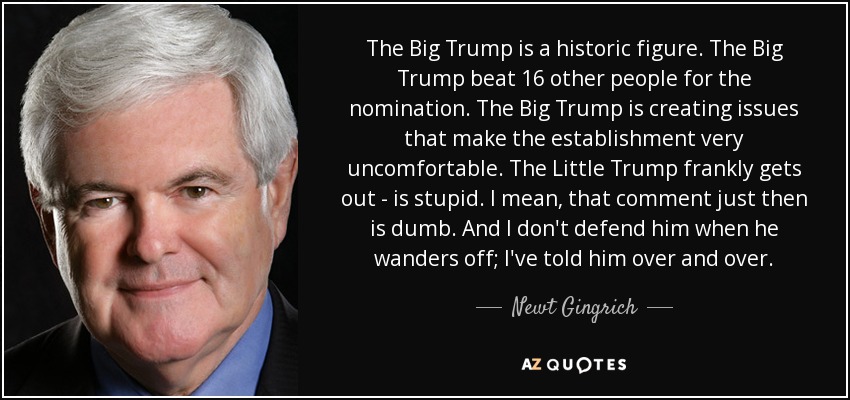 The Big Trump is a historic figure. The Big Trump beat 16 other people for the nomination. The Big Trump is creating issues that make the establishment very uncomfortable. The Little Trump frankly gets out - is stupid. I mean, that comment just then is dumb. And I don't defend him when he wanders off; I've told him over and over. - Newt Gingrich