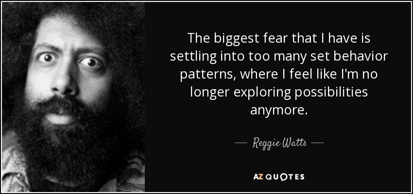 The biggest fear that I have is settling into too many set behavior patterns, where I feel like I'm no longer exploring possibilities anymore. - Reggie Watts