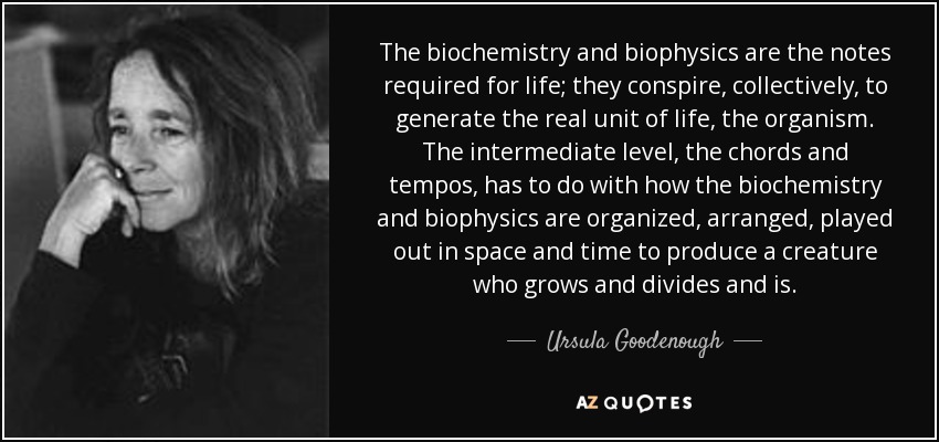 The biochemistry and biophysics are the notes required for life; they conspire, collectively, to generate the real unit of life, the organism. The intermediate level, the chords and tempos, has to do with how the biochemistry and biophysics are organized, arranged, played out in space and time to produce a creature who grows and divides and is. - Ursula Goodenough