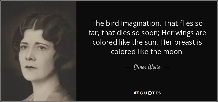 The bird Imagination, That flies so far, that dies so soon; Her wings are colored like the sun, Her breast is colored like the moon. - Elinor Wylie