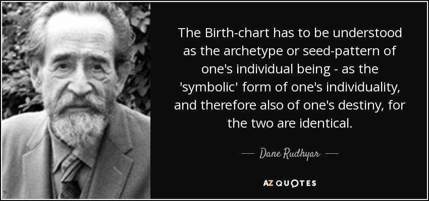 The Birth-chart has to be understood as the archetype or seed-pattern of one's individual being - as the 'symbolic' form of one's individuality, and therefore also of one's destiny, for the two are identical. - Dane Rudhyar