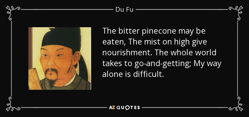 The bitter pinecone may be eaten, The mist on high give nourishment. The whole world takes to go-and-getting; My way alone is difficult. - Du Fu