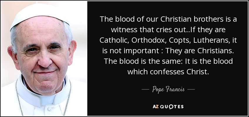 The blood of our Christian brothers is a witness that cries out..If they are Catholic, Orthodox, Copts, Lutherans, it is not important : They are Christians. The blood is the same: It is the blood which confesses Christ. - Pope Francis