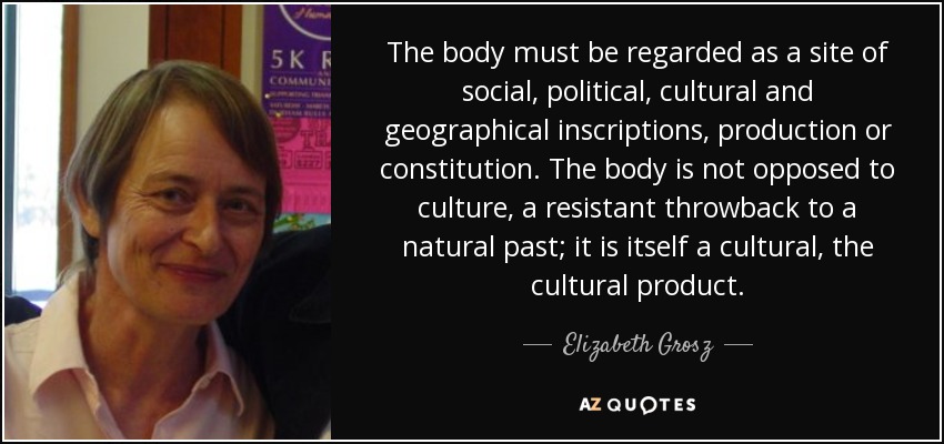 The body must be regarded as a site of social, political, cultural and geographical inscriptions, production or constitution. The body is not opposed to culture, a resistant throwback to a natural past; it is itself a cultural, the cultural product. - Elizabeth Grosz