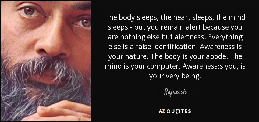 The body sleeps, the heart sleeps, the mind sleeps - but you remain alert because you are nothing else but alertness. Everything else is a false identification. Awareness is your nature. The body is your abode. The mind is your computer. Awareness;s you, is your very being. - Rajneesh