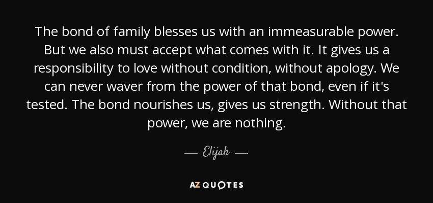 The bond of family blesses us with an immeasurable power. But we also must accept what comes with it. It gives us a responsibility to love without condition, without apology. We can never waver from the power of that bond, even if it's tested. The bond nourishes us, gives us strength. Without that power, we are nothing. - Elijah