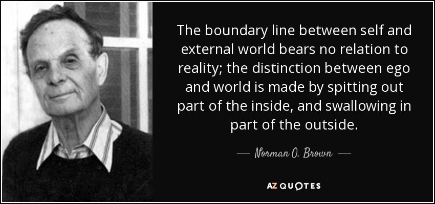 The boundary line between self and external world bears no relation to reality; the distinction between ego and world is made by spitting out part of the inside, and swallowing in part of the outside. - Norman O. Brown