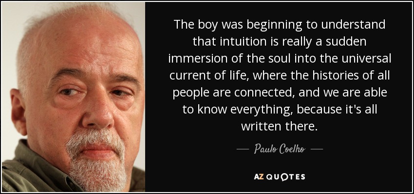 The boy was beginning to understand that intuition is really a sudden immersion of the soul into the universal current of life, where the histories of all people are connected, and we are able to know everything, because it's all written there. - Paulo Coelho