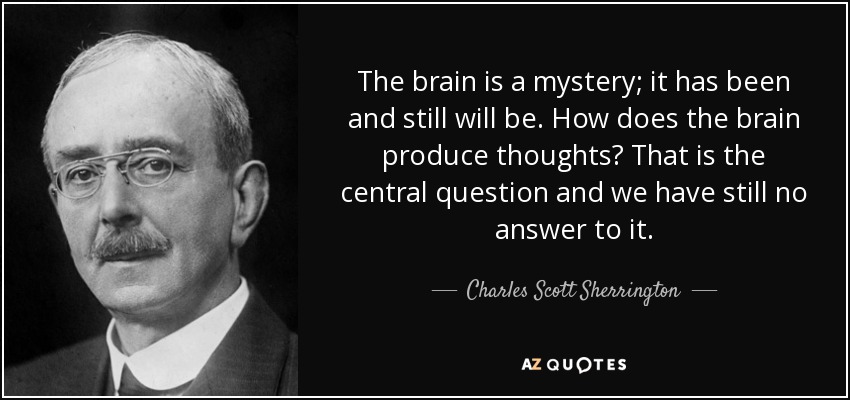 The brain is a mystery; it has been and still will be. How does the brain produce thoughts? That is the central question and we have still no answer to it. - Charles Scott Sherrington